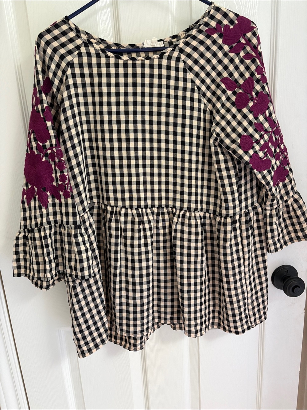 Black-and-Cream Gingham Peplum Blouse with Magenta Floral Embroidery